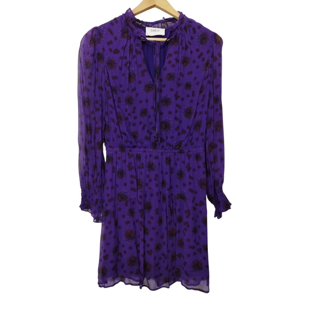 ba&sh Gize Shirred Floral Print Crepon Ruffle Trim Mini Dress Cocktail Wedding
